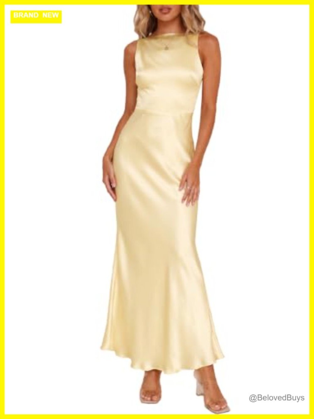 Satin Backless Maxi Dress Sleeveless Boat Neck Formal Wedding Guest